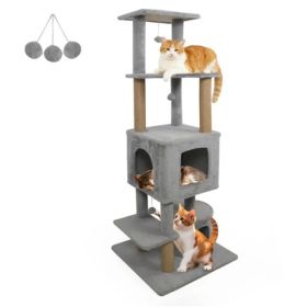 64" Light Gray Cat Tower With Plush Perches & 3 Dangling Balls, Jute Scratching Posts & Anti-Tipping Device For Multi-Cat Households (Option: defaulttitle)